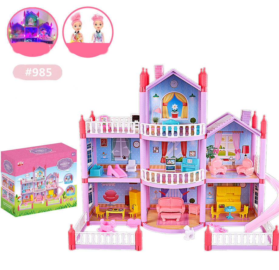 Toy dollhouse with detailed interior, furniture, and a smaller dollhouse in the corner.
