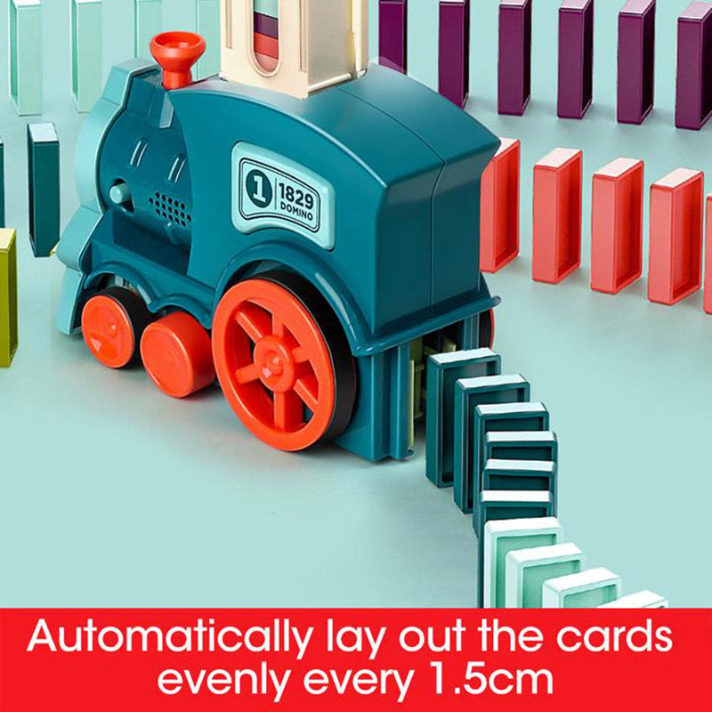 Toy train with card layout feature on a light blue background