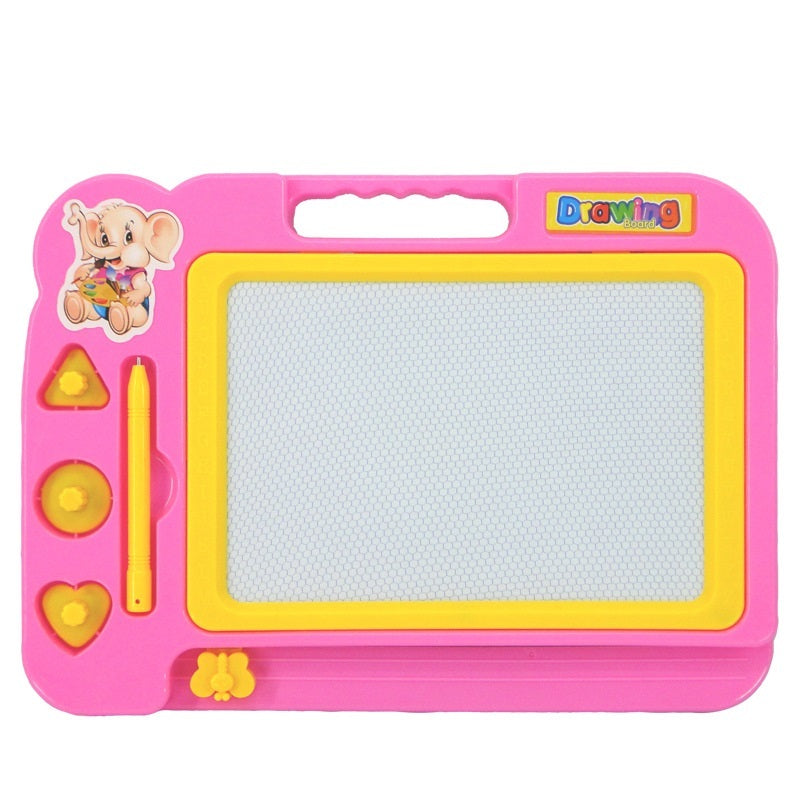 Pink and yellow drawing board with magnetic pen and shapes on a white background