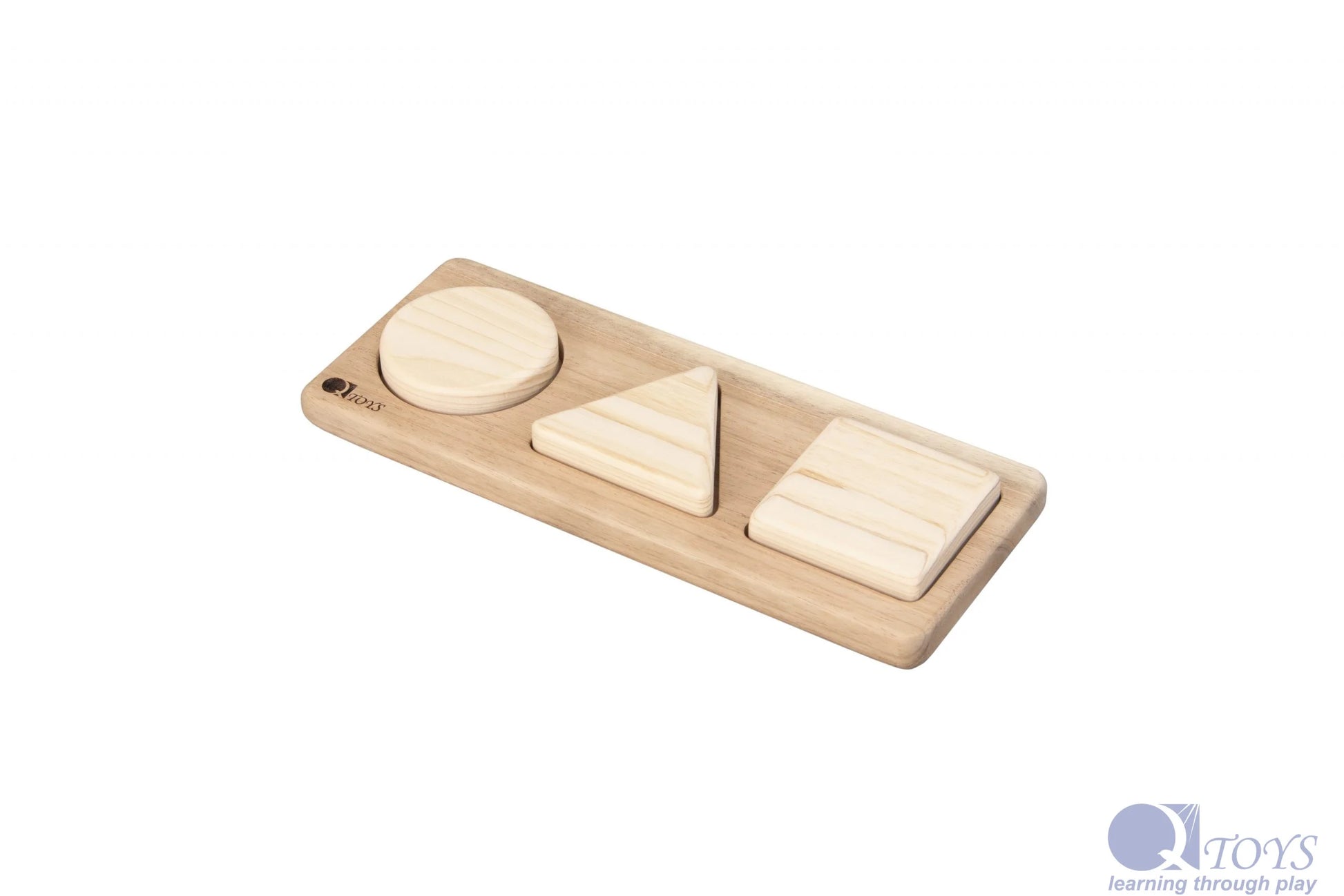 Wooden toy with geometric shapes on a white background