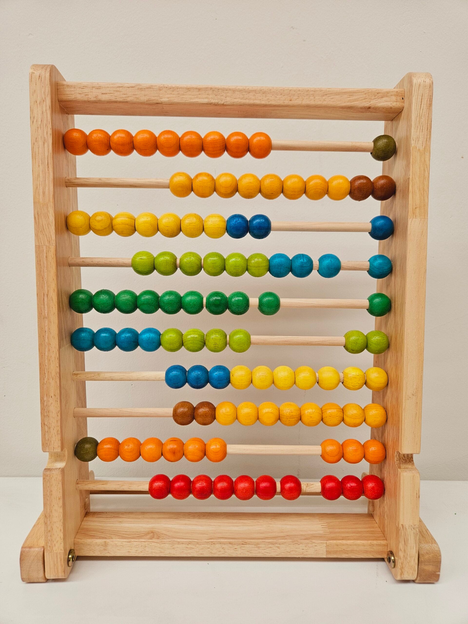 Colorful abacus with wooden frame and beads on a white background