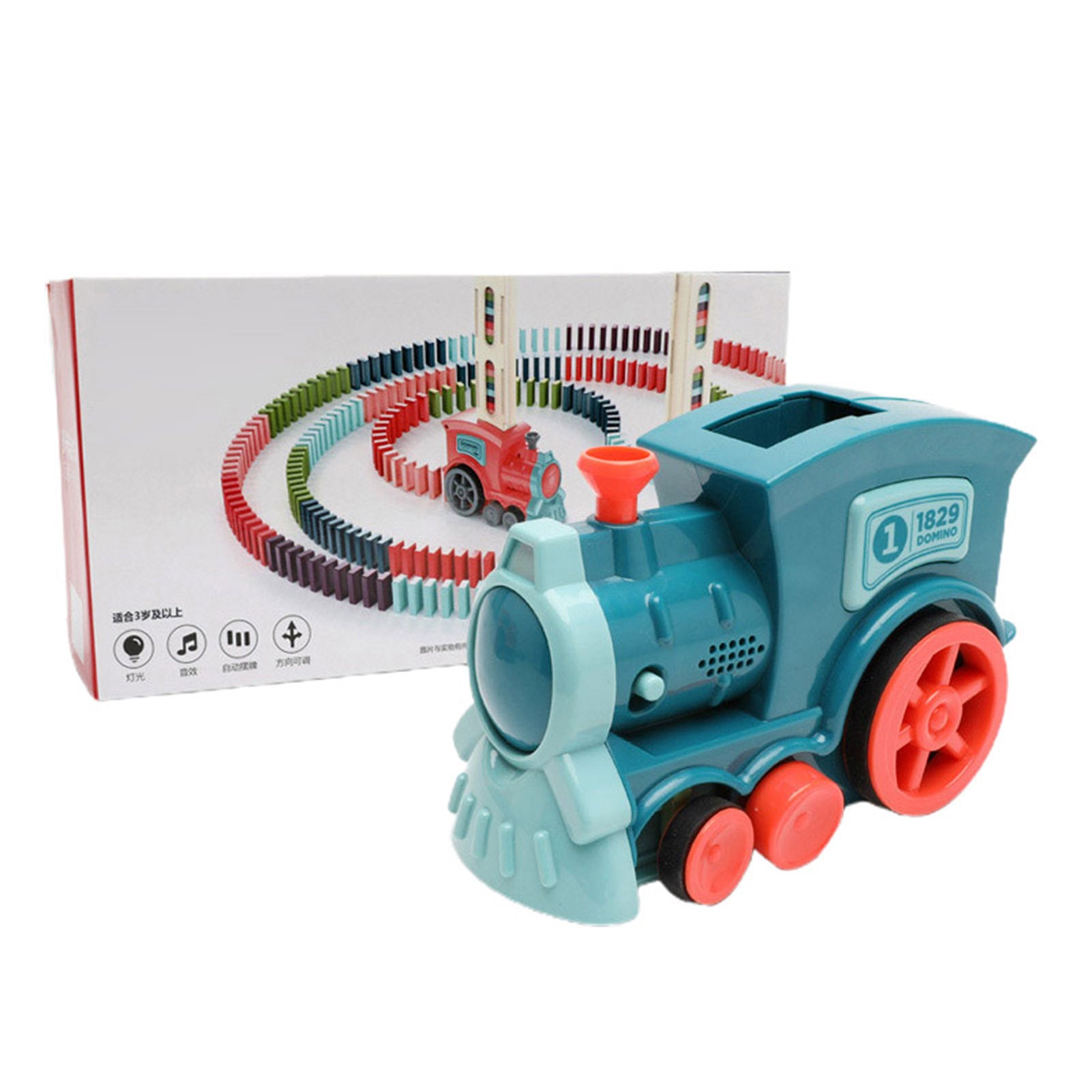 Toy train with colorful track set in the background