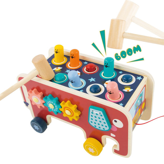 Colorful wooden toy with various shapes and a 'BOOM' sound effect on a white background
