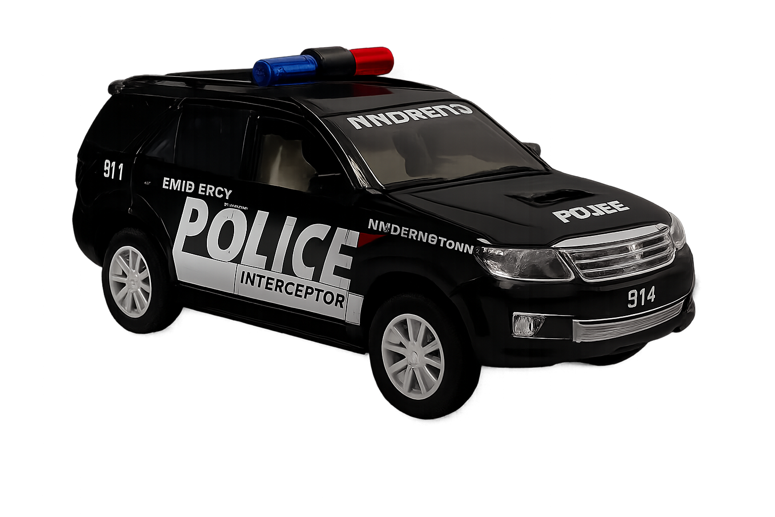 Model police car with 'POLICE' and 'INTERCEPTOR' text on a white background