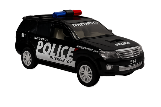 Model police car with 'POLICE' and 'INTERCEPTOR' text on a white background
