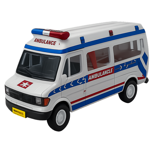 Model ambulance toy with red, white, and blue colors on a white background